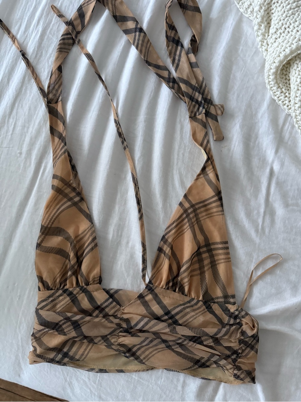 I.AM.GIA Tan and Black Plaid Wrap Crop Top